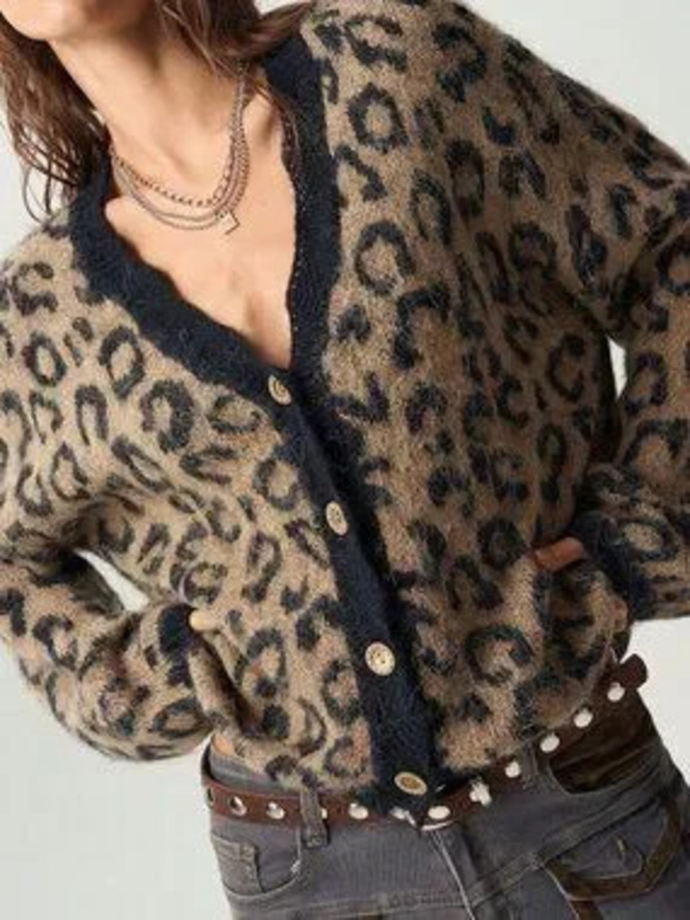 Multicolor Casual Women's Leopard Print Lace Patchwork Button Cardigan